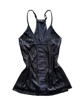 Y2K Black Sequin Going Out 2000s Clubbing Festival Glam Grunge Party Top Size M